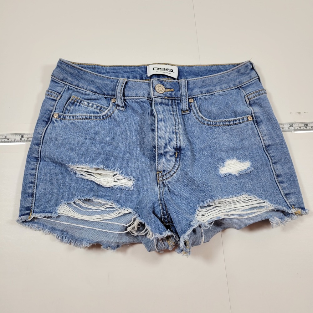 RSQ Denim Shorts Women 24 Blue Excellent Distressed Vintage High Rise Button Fly